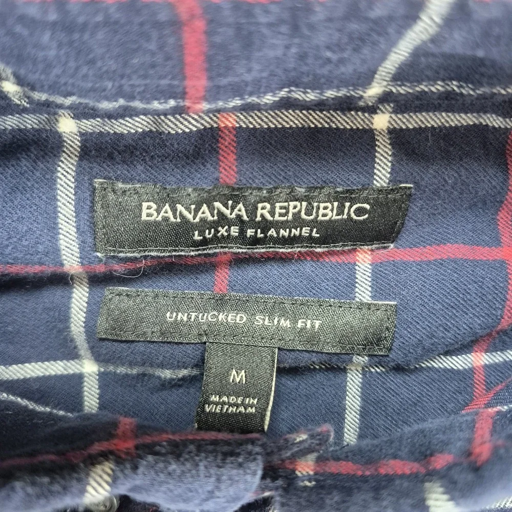 Banana Republic Luxe Flannel Shirt‎ Mens Medium Navy Plaid Untucked Slim Fit